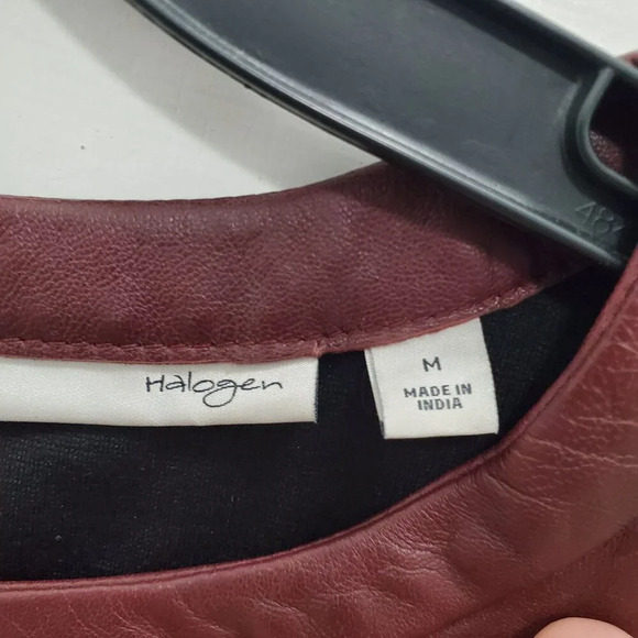 Halogen Women's Burgundy 100% Leather Front Zip Back Short Sleeve Panel Top M - Picture 3 of 8